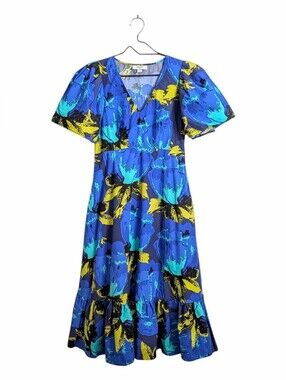 Christopher John Rogers x Target Blue Floral Tiered Maxi Dress Sz 4 Puff Sleeves